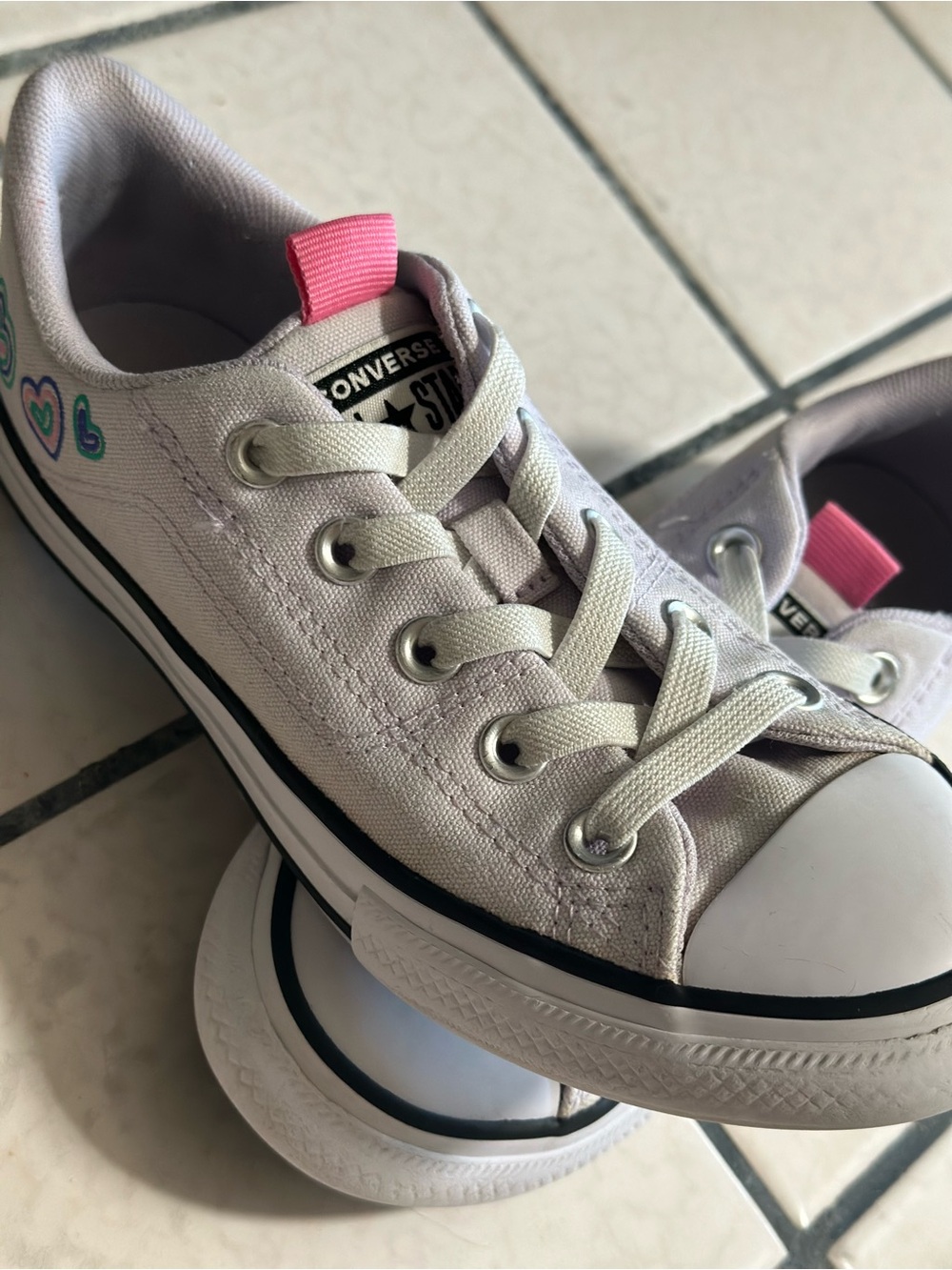 Converse Kids Low Top Canvas Sneakers in Light Gray with Pink Pull Tab